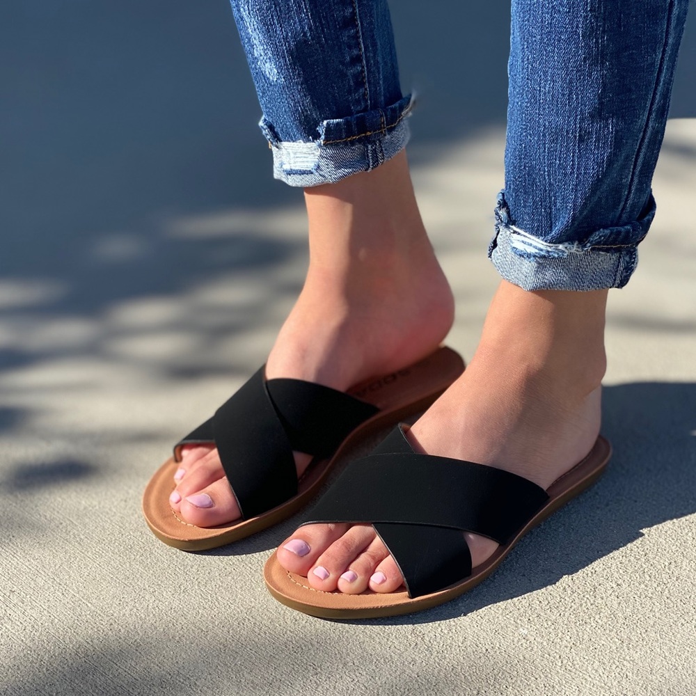 Black criss cross slip on sandal